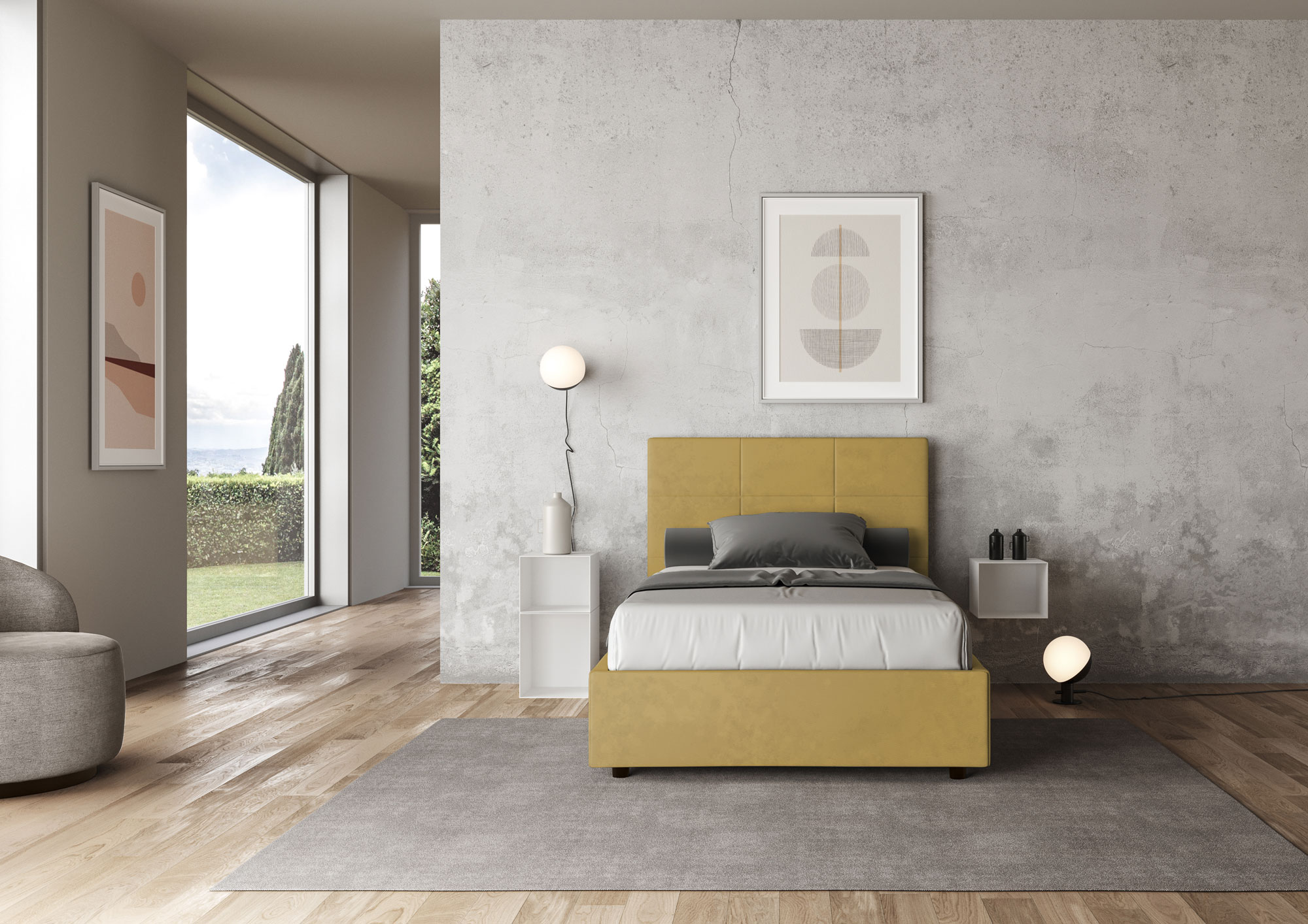 Letto contenitore imbottito 120x200 microfibra ocra Mika - ityhome